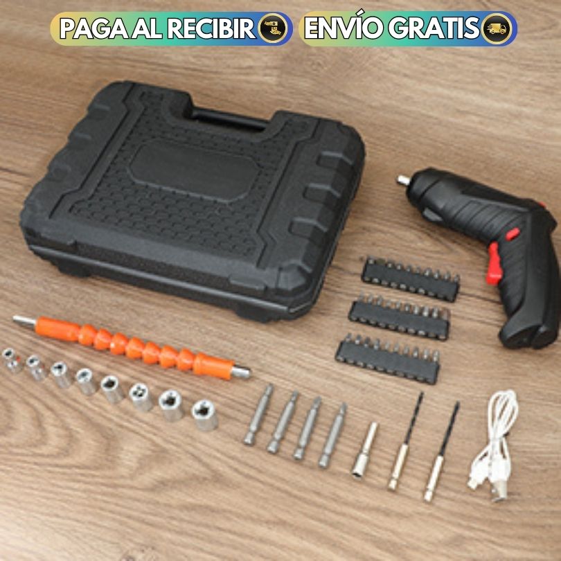 KIT DESTORNILLADOR ELÉCTRICO INALÁMBRICO RECARGABLE + CAJA CON 47 ACCESORIOS