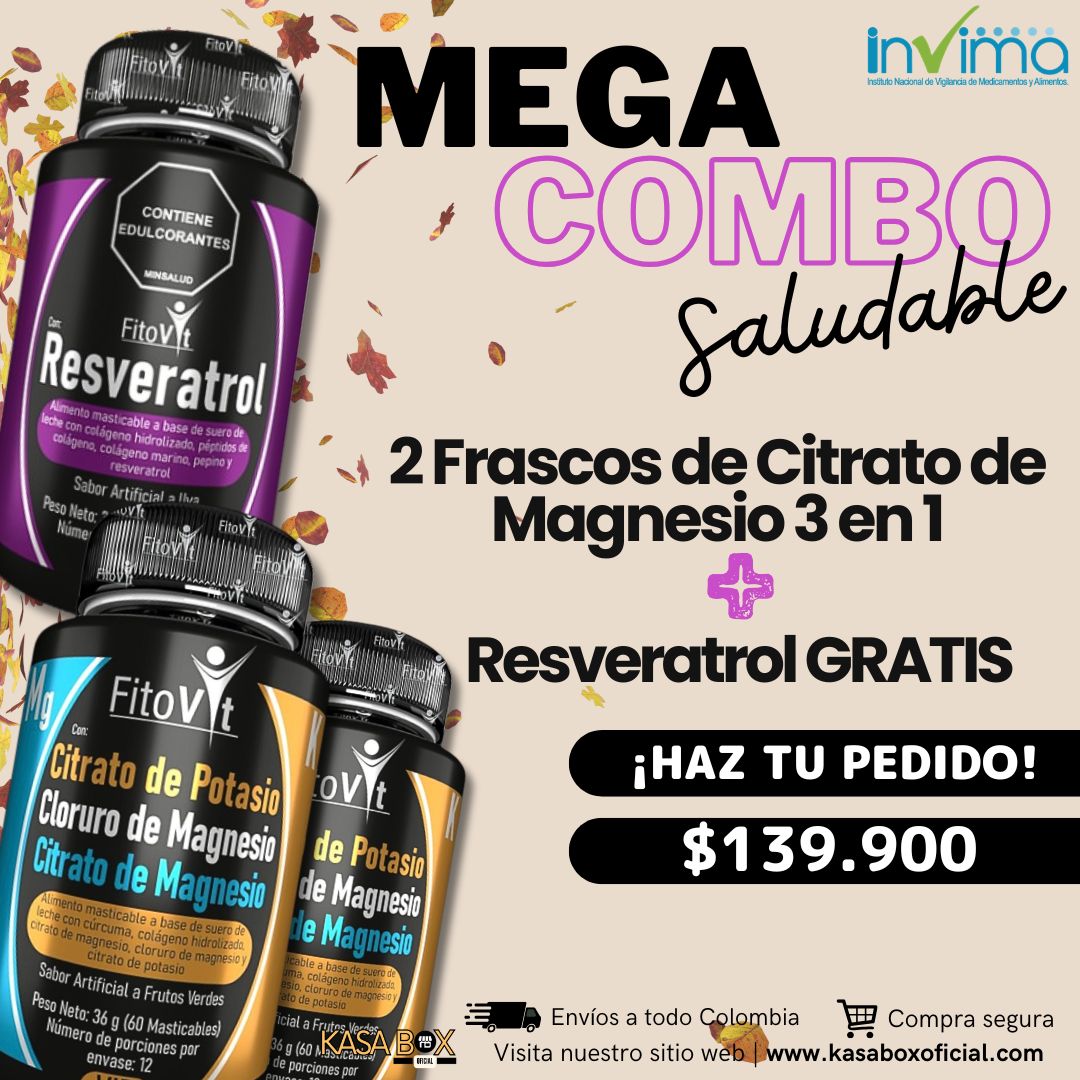 COMBO 2 FRASCOS DE CITRATO DE MAGNESIO 3 EN 1 + RESVERATROL GRATIS