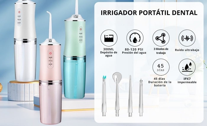 IRRIGADOR DE AGUA PORTÁTIL PARA LIMPIEZA Y CUIDADO ORAL + 3 BOQUILLAS GRATIS