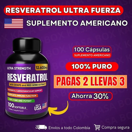 RESVERATROL AMERICANO ULTRA FUERZA 100% PURO | 100 Cápsulas | 12.600 mg