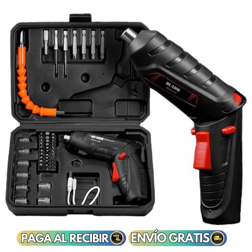 KIT DESTORNILLADOR ELÉCTRICO INALÁMBRICO RECARGABLE + CAJA CON 47 ACCESORIOS